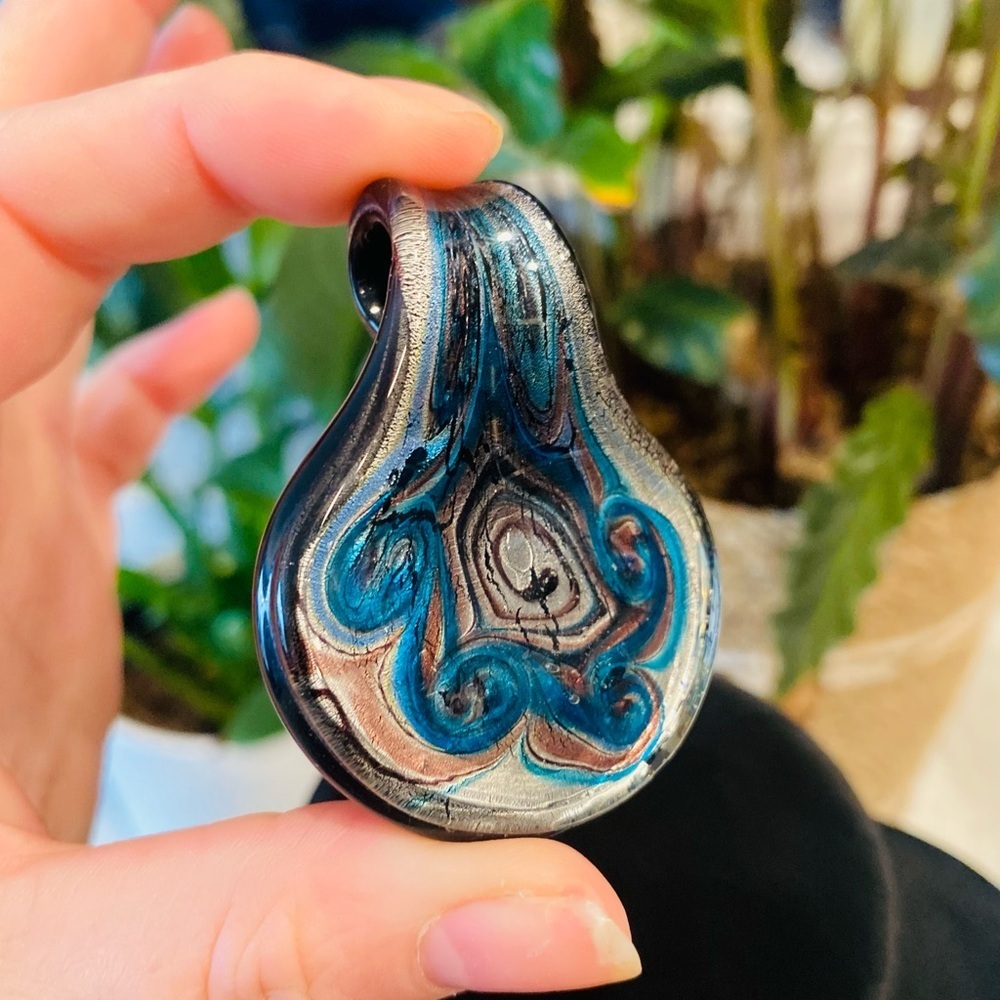 Hand Blown Glass Necklace Pendant 2 1/4” Blue, Silver‎ & Purple